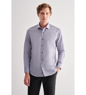 Koyu Gri Yarım İtalyan Yaka Uzun Kol Slim Fit Pamuklu Gömlek 1004255180