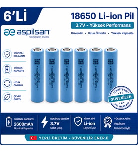 Aspilsan 18650 2600mAh 3.7V Li-ion Şarjlı Pil 6'lı Paket INR18650A28 Orijinal 18650 Batarya Yerli Üretim Lityum İyon Pil