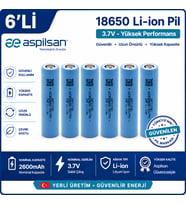Aspilsan 18650 2600mAh 3.7V Li-ion Şarjlı Pil 6'lı Paket INR18650A28 Orijinal 18650 Batarya Yerli Üretim Lityum İyon Pil
