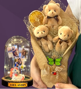 Sizlere Özel Led Işıklı Fanus ve Kahve Peluş Ayıcık Buketi - Premium Hediye Seti (Model 5)