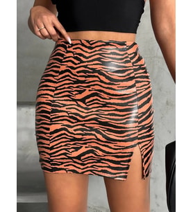Tek yırtmaçlı zebra desenli deri etek kahvesiyah w24475-S