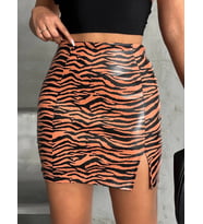 Tek yırtmaçlı zebra desenli deri etek kahvesiyah w24475-S
