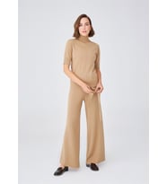 Peraluna Boru Paça Yüksek Bel Kadın Triko Pantolon - Camel Melanj