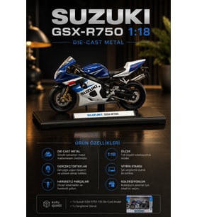 1:18 Suzuki GSX-R750 Die-Cast Metal Maket Motosiklet Stantlı Koleksiyonluk Oyuncak Motor Lisanslı