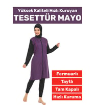 Özel Üretim Yüksek Kaliteli Konforlu Fermuarlı Taytlı Tam Kapalı Deniz Havuz Yüzücü (Mor)