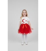 Kız Çocuk 23 Nisan 29 Ekim Gösteri Kıyafeti Kostüm Tütü Etek Kısa Kol Ayyıldız Tshirt Takım