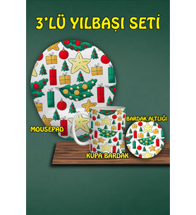 Yılbaşı Temalı 3'lü Bilek Destekli Mousepad Kupa Ve Bardak Altlığı Seti
