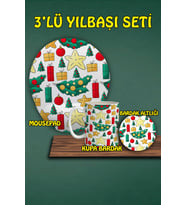 Yılbaşı Temalı 3'lü Bilek Destekli Mousepad Kupa Ve Bardak Altlığı Seti