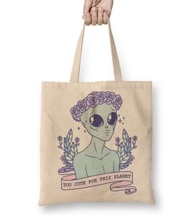 Cute Alien Uzaylı Bez Çanta Uzun Saplı