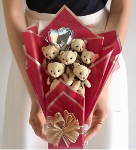Deluxe 6’li Bej Peluş Ayıcık Buketi – Kalp Balonlu Arkadaşa, Eşe, Kıza, Sevgiliye Hediye (Kırmızı)