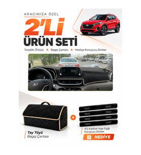 HYUNDAİ TUCSON (2018-2021) Uyumlu Torpido Örtüsü + Tay Tüyü Bagaj Çantası + Sticker Seti - Siyah Bej
