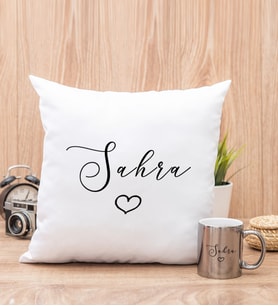 Kişiye Özel El Yazısı Tasarımlı İsimli Kare Yastık ve Silver Kupa