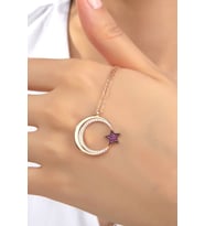 Kadın Orjinal 925 Ayar Gümüş Zirkon Taşlı Ay Yıldız Model Kolye (Rose)