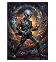 Gitar Çalan Uzaylı Rockçı Galaksi Fon Dekoratif Kanvas - Mdf Ahşap Tablo