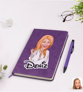 BK Gift Kişiye Özel Kadın Model Karikatürlü Mor Termo Deri Defter Kalem Seti Model 2