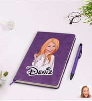 BK Gift Kişiye Özel Kadın Model Karikatürlü Mor Termo Deri Defter Kalem Seti Model 2
