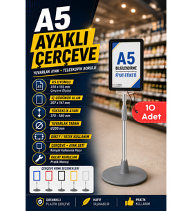 10 Adet - A5 Ayaklı Menü ve Fiyat Bilgi Standı Yuvarlak Tabanlı Teleskopik Çerçeve Etiketlik Siyah