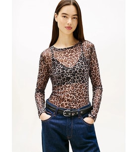 Tommy Hilfiger TJW Dar Kesim Tamamı Baskılı File Uzun Kollu Kadın Kahverengi Bluz DW0DW215580HD