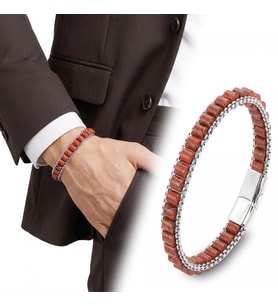 Moncuk Design Kırmızı Jasper Doğal Taşlı Hasır Örgü Zincirli Erkek Çelik Bileklik 33512B28D18