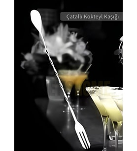 Kokteyl Kaşığı Çift Başlıklı Paslanmaz Barista Kaşığı Çatallı Barmen Kaşığı Çelik 30 cm