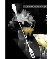 Kokteyl Kaşığı Çift Başlıklı Paslanmaz Barista Kaşığı Çatallı Barmen Kaşığı Çelik 30 cm