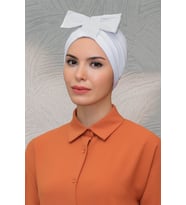 Beyaz Pratik Hazır Geçmeli Tesettür Bone Sandy Kumaş Fiyonklu Büzgülü 7010_42