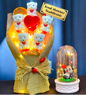 Kişiye Özel Led Işıklı Ayıcık Buketi ve Led Işıklı Fanus - Premium Hediye Seti (Model 5)