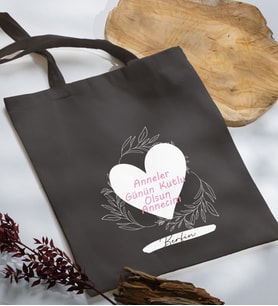 BK Gift Kişiye Özel İsimli Anneler Günü Tasarımlı Antrasit Kumaş Bez Çanta, Baskılı Omuz Çantası, Alışveriş Çantası, Anneler Günü Hediyesi, Anneye Hediye-2