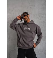 Erkek Kordon İpli Baskılı Kapüşonlu Sweatshirt - Füme