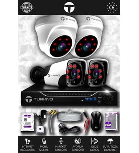 TURKNO 4 Kameralı Pania 2 İç Kamera Set 100 GB HDD Full HD Gece Görüşlü Güvenlik Kamerası Sistemi