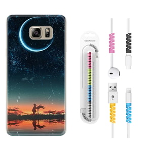 Samsung S7 Edge S20 Fe Plus Ultra S21 S22 Kılıf Kablo Koruma Spiral Silikon Ay ve Kız 1720