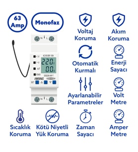 Tomzn Hiking Sıcaklık Korumalı Voltaj ve Akım Koruma Rölesi 63A Dahili Kontaktör Elektrik Bekçisi