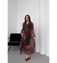 Neşeli butik kadın bordo beli kemerli piliseli kruvaze yaka şifon elbise NBELB03