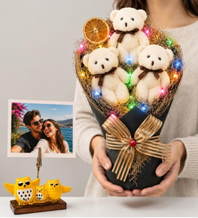 Kişiye Özel Fotoğraflı Renkli LED Işıklı Peluş Ayıcık Buketi (Krem) ve Baykuş Fotoğraf Tutucu