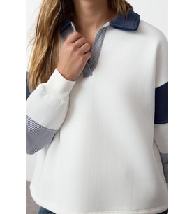 Tarz Bol Polo Yaka Düşük Kol Uzun Dokuma Garnili Geniş Kalıp Örme Sweatshirt