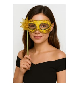 Mey İthalat® Lüks Taşlı Saplı Maskeli Balo Maskesi Altın Renk 35 cm