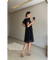 Neşeli butik kadın v yaka kuşaklı mini şifon elbise NM007 (Siyah)