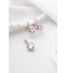 925 Ayar Gümüş Pembe Baget Taşlı Küpe Ve Kolye Set