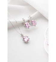 925 Ayar Gümüş Pembe Baget Taşlı Küpe Ve Kolye Set