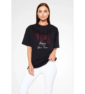 Unisex Bisiklet Yaka Baskılı Oversize T-Shirt - Siyah