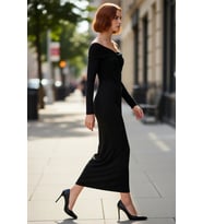 Kadın Fashion Forward Düz Desen Uzun Kollu Bodycon Örme Midi Elbise Özel Günlerin Vazgeçilmezi