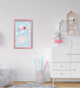 BK Home Uzay Aracı Tasarımlı Dekoratif Pembe Ahşap Çerçeveli Çocuk Odası Tablo-1