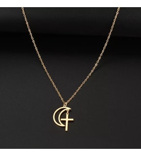 Kişiye Özel 925 Ayar Gümüş Ay ve Haç Kolye (Gold)