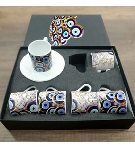Özel Baskılı Kutuda 6 Kişilik Nazar Boncuğu Türk Kahvesi Fincanı