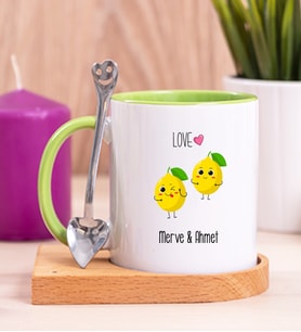 Kişiye Özel Sevimli Limonlar Ahşap Altlıklı Yeşil Kupa Bardak