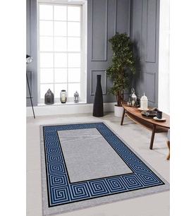 Lacivert Çerçeveli Kaymaz Tabanlı Dekoratif Halı RV047 - 100 x 160 cm