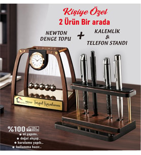 Kişiye Özel İsimli Ahşap Ofis Hediye Seti - Newton Denge Topu & Kalemlik & Telefon ve Tablet Standı PREMİUM HEDİYE SETİ