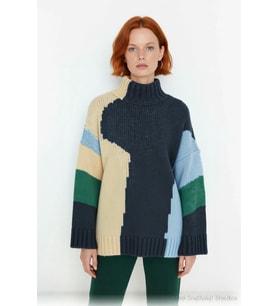 Kadın Şık Dik Yaka Oversize Renk Bloklu Düşük Kol Uzun Triko Kazak Kış Modasına Yeni Bir Soluk