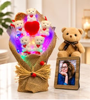 Kişiye Özel Fotoğraflı Ayıcık Seti Renkli LED Işıklı Ayıcık Buketi ve Kahve Peluş Ayıcık