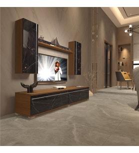 Decoraktiv Eko 5D Mdf Std Tv Ünitesi Tv Sehpası - Beyaz - Pera (Ceviz - Siyah Mermer)